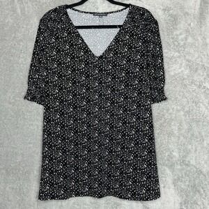 Adrianna Papell 2X Shirt Top Black Polka Dot Puff Short Sleeve V Neck Stretch